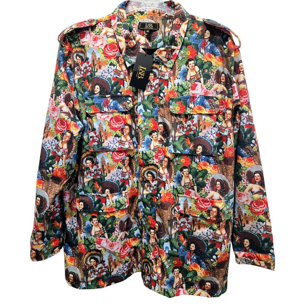 L&B Lined Cactus Girl Jacket Multi-Color Features Classic Mexican Attire NWT 2X